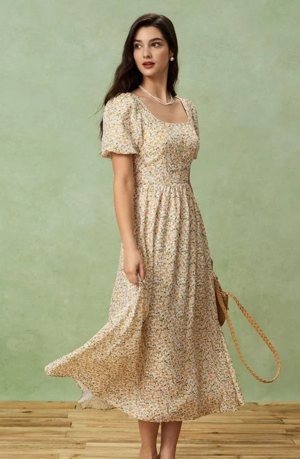 Rihoas Yellow Floral Puffed Sleeve Midi Dress - Image 5