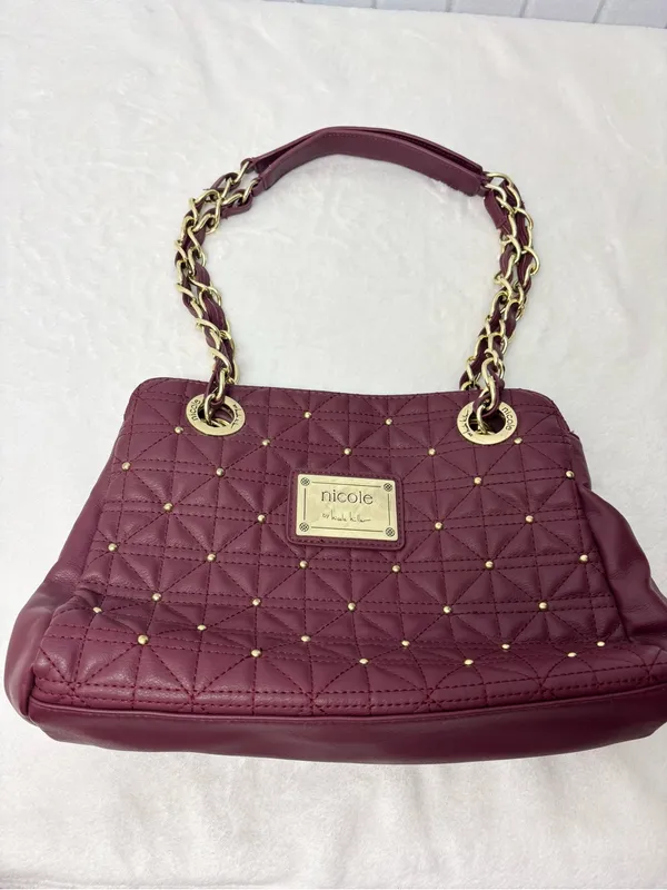 Nicole Miller Quilted Shoulder Bag‎ in Burgundy with Gold Hardware - Image 11