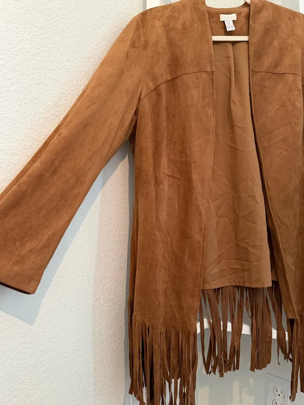 Chico’s Brown Faux Suede Fringe Jacket Size 2 Western Boho Open Front - Image 2