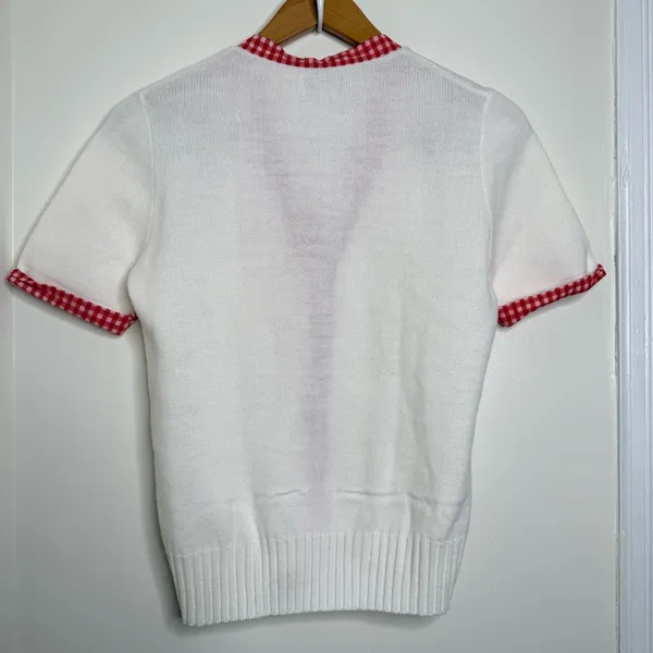 Vintage 60s 70s Arnold Palmer White Cardigan Sweater w/ Red Gingham Trim preppy - Image 5