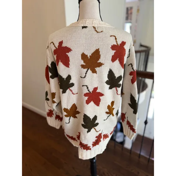 Classic Elements Vintage 90s Cream Fall Tone Orange Green Leaf Print Crewneck Sweater Whimsygoth - Image 2