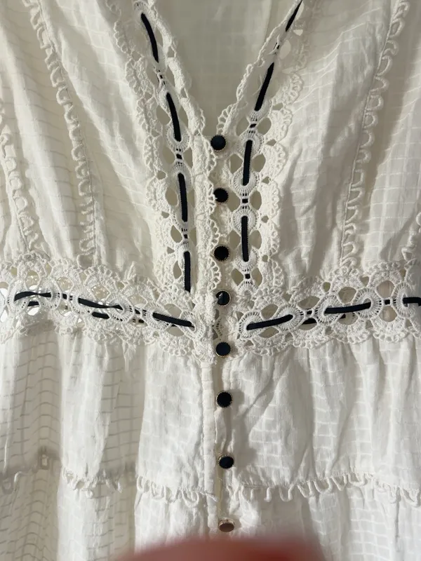 RAHI White Crochet Lace Midi Dress Black Ribbon Size S - Image 7