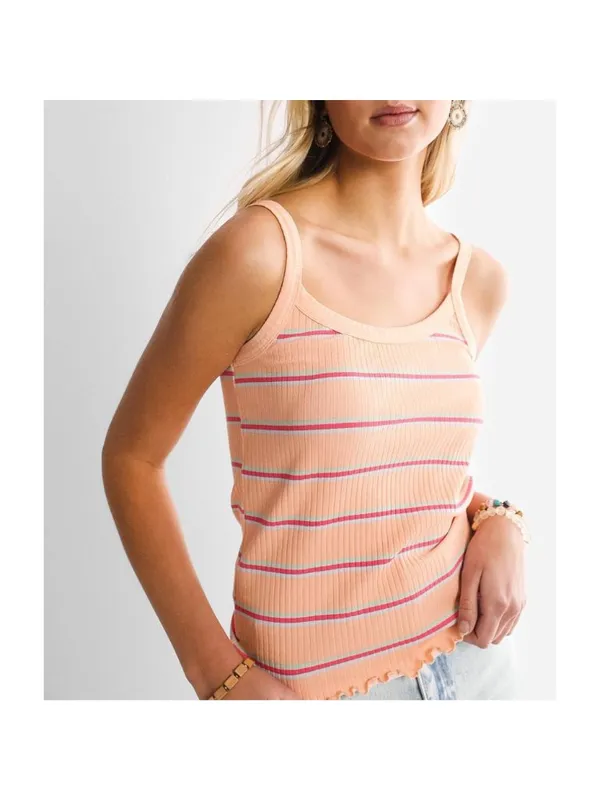 Billabong Tank Top Size Large Apricot Orange Striped‎ Ribbed Lettuce Trim Soft - Image 9