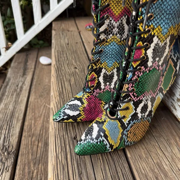 Liliana Womens Size 8 Colorful Snakeskin Lace Up Stiletto Knee High Boots - Image 2