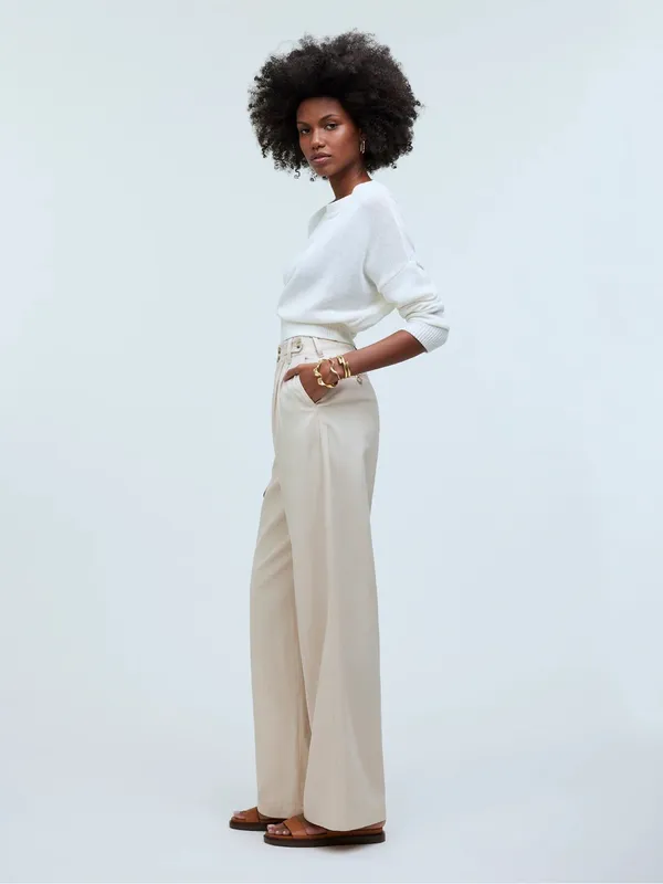 Madewell The Harlow Wide Leg Pants Beige Linen Blend Sailor Waist Size 8 - Image 3