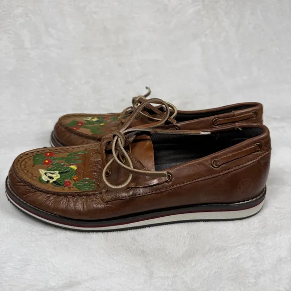 Roper Brown Leather‎ Hand Painted Cactus Skull Boat Shoes Moccasins 9 - Image 10