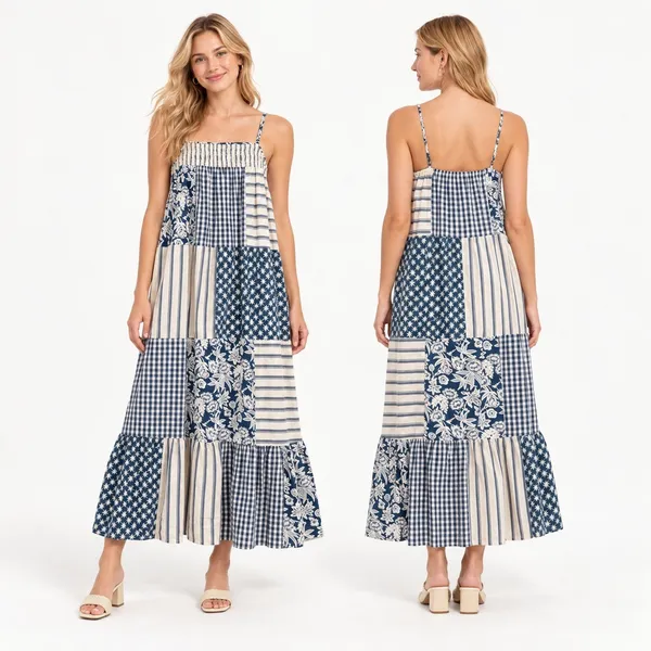Universal Thread Womens 1X Blue White Patchwork Gingham Smocked Maxi Midi Dress - Image 2