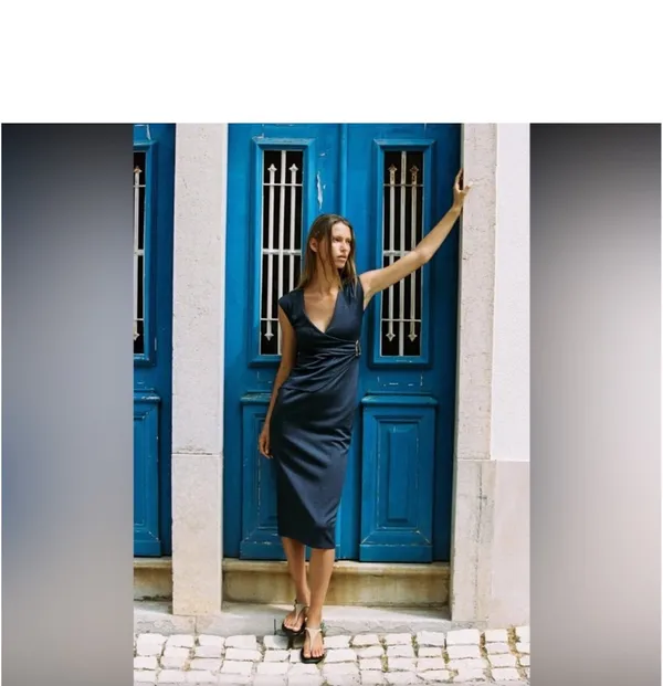 Zara Deep Blue V-Neck Midi Dress with Side Buckle - Image 2
