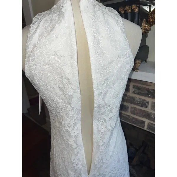 Aura RED DRESS White Lace Halter Neck Maxi Dress Sheer Split Hem Size XS - Image 11