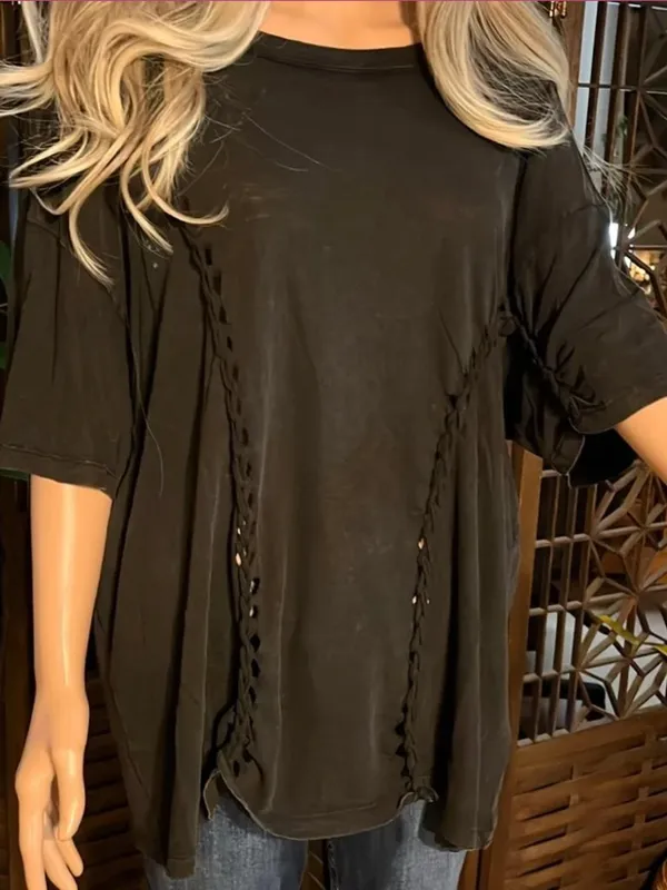 We The Free People Moonlit Mini Braided Cutout Oversized Tee T-Shirt Black Small - Image 2