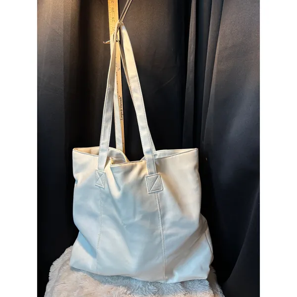 Cream Faux Leather Large Tote Bag Gold Bead Drawstring Shoulder Bag Minimalist - Image 2