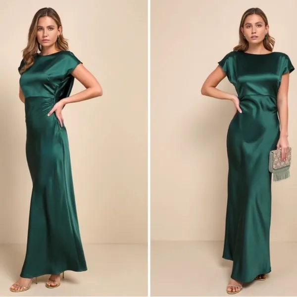 LULU's Elegant Sophisticated Sexy Chic Satin Modest Cowl Back Satin Maxi Dress - Image 3