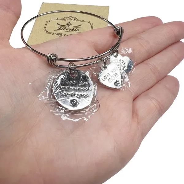 New Silver Tone Love You Mom To The Moon And Back Charm Wire Bangle Bracelet - Image 3