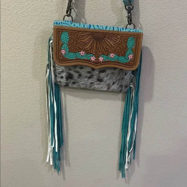Myra Bag Turquoise and Brown Fringe Crossbody - Image 6