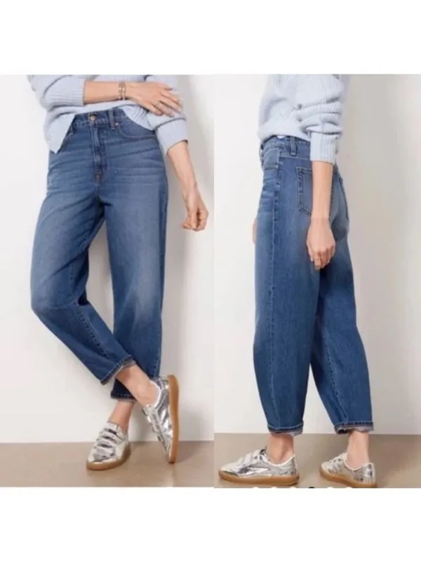 Evereve Ever Vintage Barrel Jeans Bowed Leg High Rise Dark Blue Women’s size 28 - Image 14