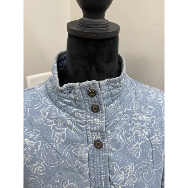 Kensie Jeans Women Blue Floral Quilted Snap Front Mock Neck Jacket Cotton Large - Image 2