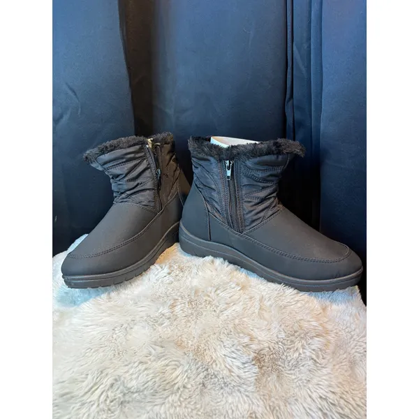 Black Quilted Puffer Winter Ankle Boots Faux Fur Trim Side Zip 8W 161699-12-08W - Image 2