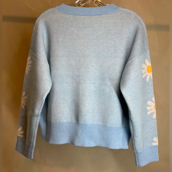Womens Floral sky Blue Long Sleeve Ribbed Neckline Casual Sweater/Cardigan|Sz:S - Image 3