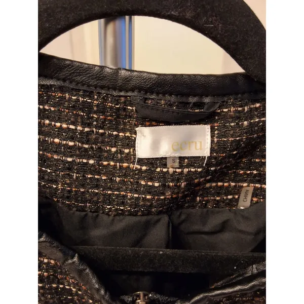 Ecru Size S Womens Zip Up Tweed Jacket with Leather Trim NWT Vintage Look - Image 2