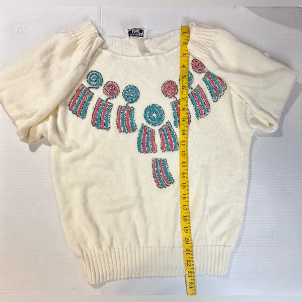 Vintage Kenneth Too‎ Ivory Aztec Pullover Sweater Turquoise Embellished Sz S/M - Image 6
