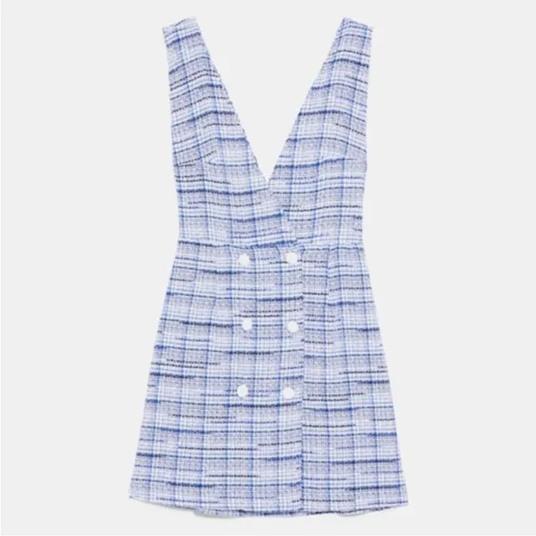 ZARA Blue and White Tweed Plaid Pinafore Mini Dress Medium Double Breasted - Image 7