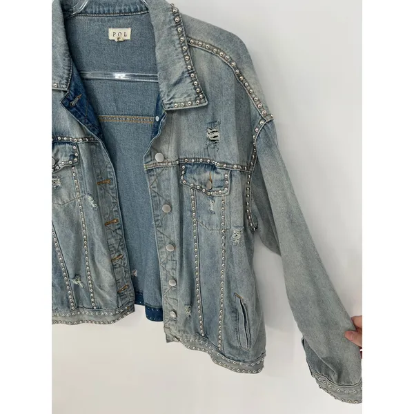 POL Denim Jean Jacket Womens S Blue Studded‎ Distressed Oversized - Image 11