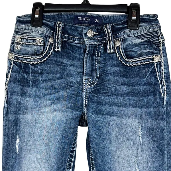 Miss Me SZ 26 Mid-Rise Boot Jeans Distressed Whiskered Stretch Zip-Fly Pockets - Image 2