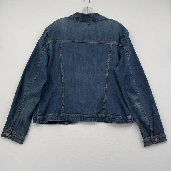 Shore Denim Jacket Women Size L Medium Wash Stretch Button Front Classic Boho - Image 2