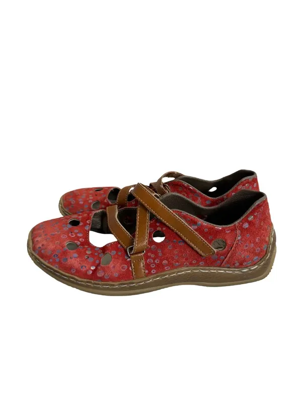 Rieker Red Polka Dot Suede Mary Jane Flats Crisscross Strap Ankle Size 7 Women's - Image 3