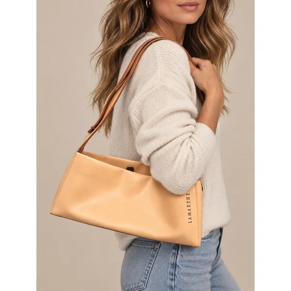 Lamarthe Women Shoulder Bag Small Tan Leather Made in Italy Minimalist Baguette - Image 2
