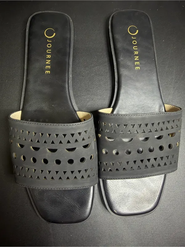 Journee Black Laser-Cut Slide Sandals - Image 2