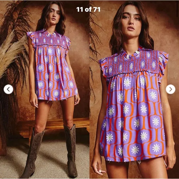 Bucket List Women Top Small‎ Purple Orange Retro Floral Smocked 70s Groovy Mod - Image 2
