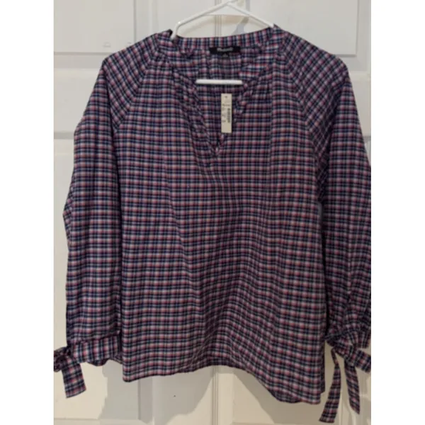 NWT Madewell Tie Sleeve Popover Top Cotton LINEN Blend Plaid‎ Size M OLDSTOCK - Image 3