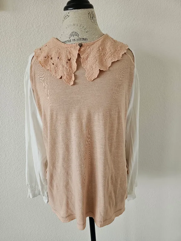 Free People NWT "I'm The One" Mixed Media Top XS Blush Pink Lace Collar​ - Image 2