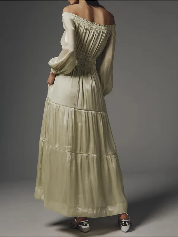 Anthropologie Somerset Women’s Off-Shoulder Shimmer Green Maxi Dress Size XXS - Image 5