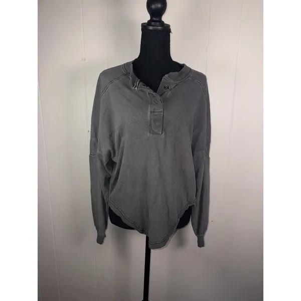 BDG Logan Oversized Cropped Long Sleeve Boxy Henley Top Gray S - Image 2