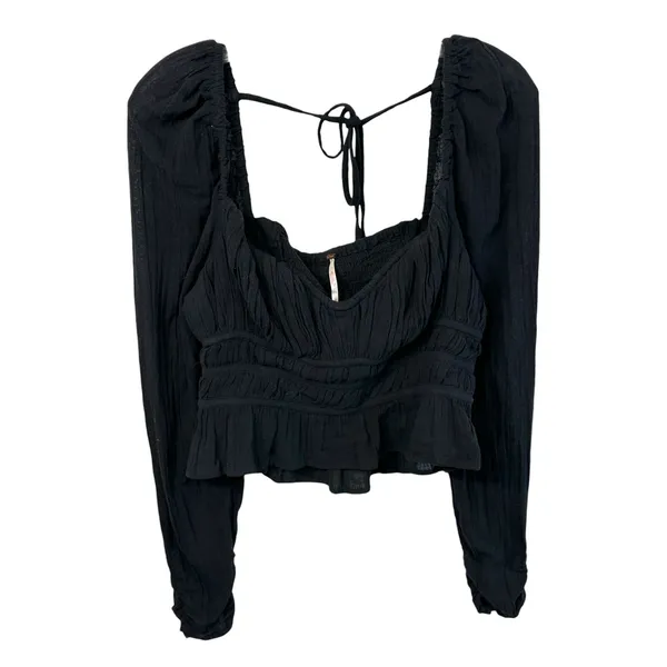Free People Medium Top Chloe Long Sleeve‎ Smocked Black Regency Romantic 1296 - Image 4