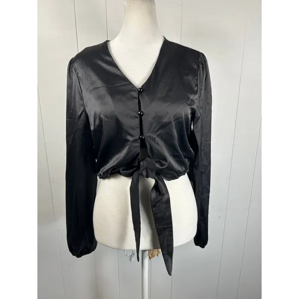 Commense NWT Black Satin Crop Blouse with Front Tie Night Out Minimalist Size S - Image 2