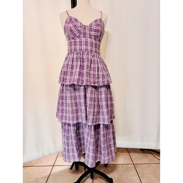 Lulus Purple Plaid Tiered Midi Dress Small Cottage Bustier Women Flair Sundress - Image 12