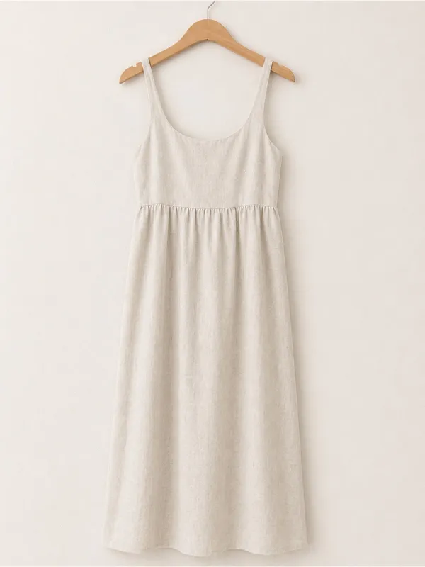 Zara Oatmeal Flowy Linen Lyocell Maxi Dress Smocked Back Sleeveless Boho Coastal - Image 5