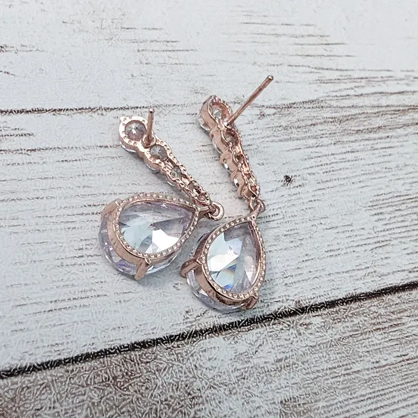 Dangle Earrings For Pierced Ears - Rose Gold Tone & Clear Gems - Image 5