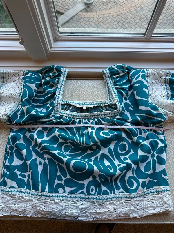 Rachel Zoe Teal Printed Peasant Linen Top with Lace Trim 3/4 Sleeves size L - Image 7
