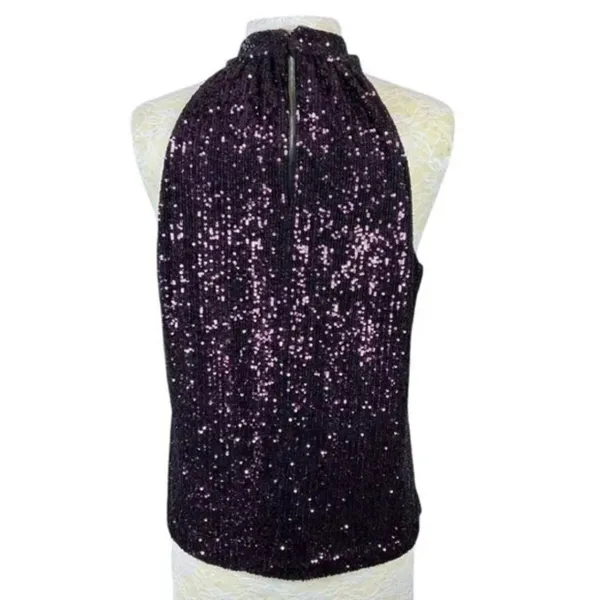 Parker Dallas Sleeveless Twist Halter Lined Burgundy Sequined Top Size Medium - Image 14