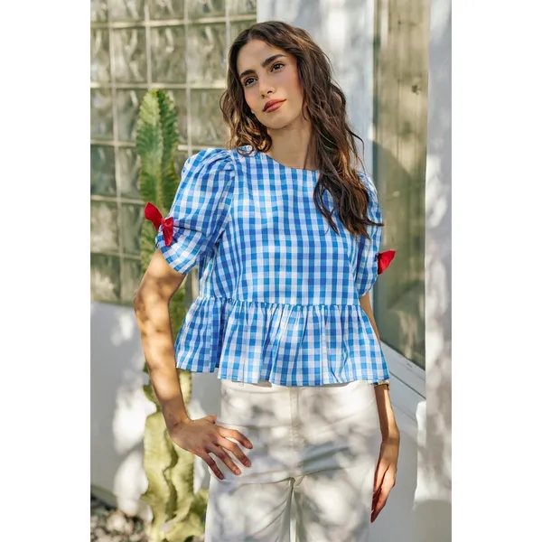 SO ME 4th Of July Gingham Ribbon Detail Short‎ Sleeves Blouse - Medium - Image 12