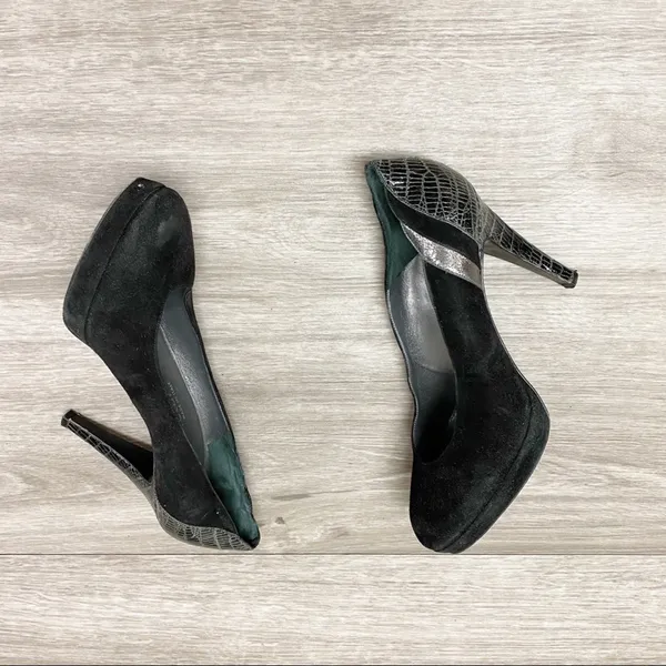 Gunmetal Black Suede Leather Platform Stiletto Pumps Italy 37 - Image 3