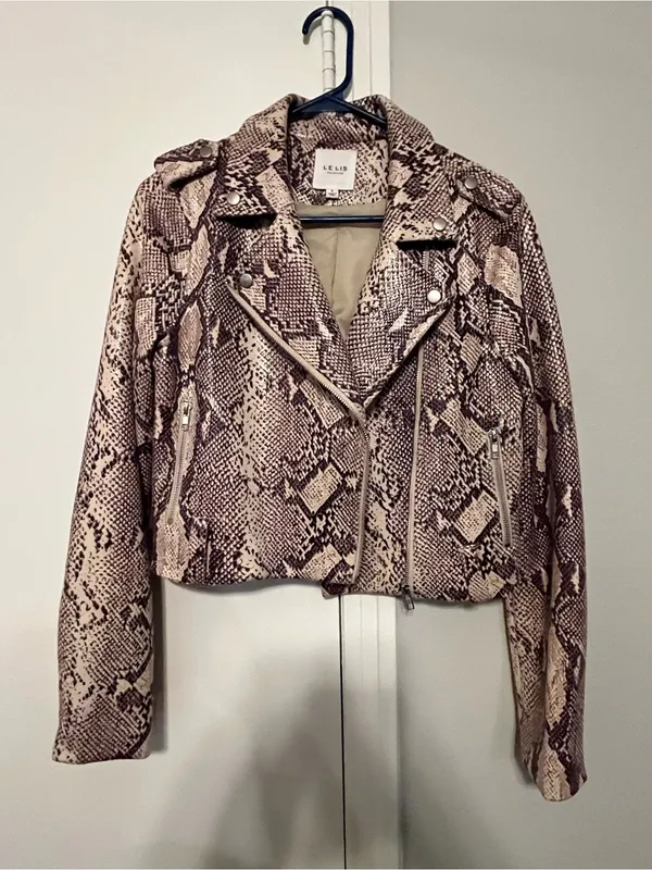 LE LIS Collection Snake Print Cropped Moto Biker Full Zip Jacket Beige S - Image 2