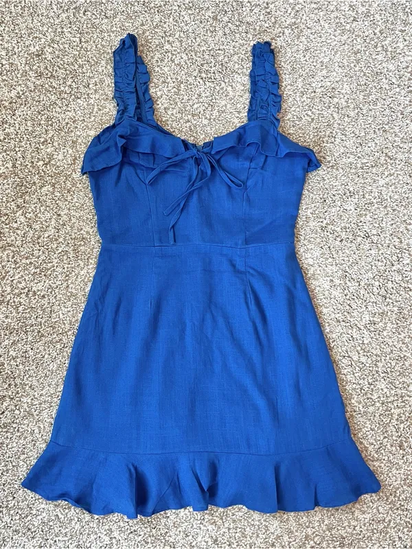 Lulus Days Like This Royal Blue Sleeveless Ruffled Linen Blend Mini Dress Sz XS - Image 4