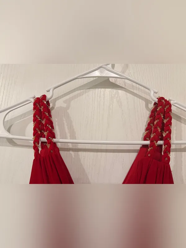 NWT Vintage Bodycon Cache Red V-Neck Midi Dress with Braided Straps - Image 2