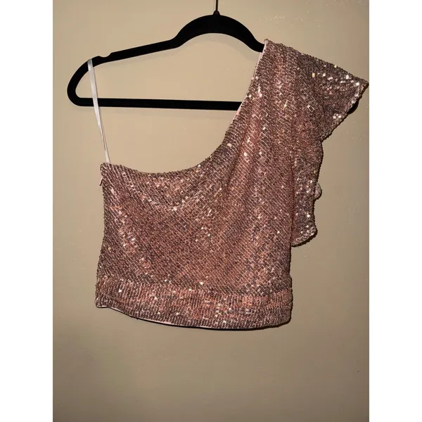 NBD NWT Revolve Rose Gold‎ Sequin One Shoulder Ruffle Crop Top S Glam Night-out - Image 4