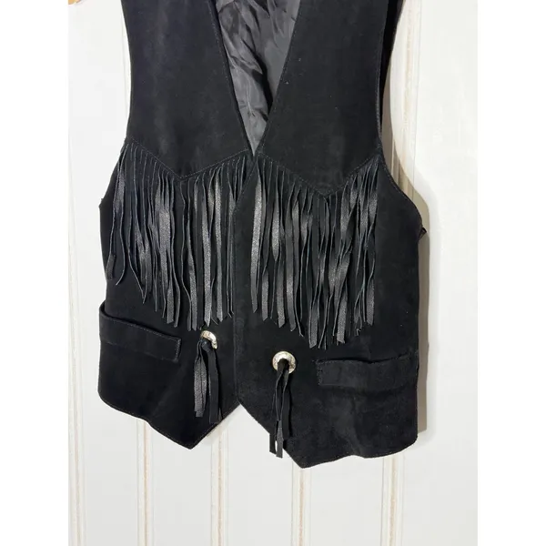 Spring West Black Genuine Leather Suede Fringe Western Vest Conchos Womens M - Image 3
